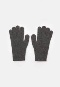 Grijze gebreide handschoenen met vijf vingers, voorzien van een geribbelde textuur en een aansluitende pasvorm, ontworpen voor warmte en comfort.