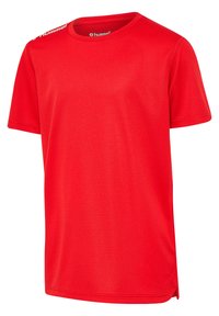 T-shirt de sport rouge en tissu évacuant l'humidité, avec un col rond, des manches courtes et un motif texturé subtil.