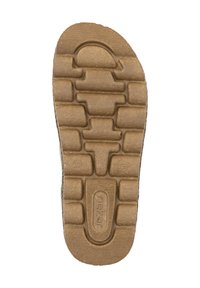 Brown rubber sole with textured grooves and patterns, featuring a circular cutout and branding detail. Size marked as 37.