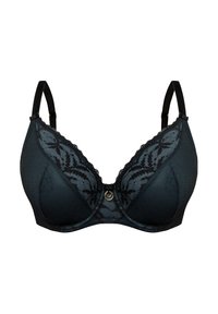 Czarny biustonosz z fiszbinami, z półprzezroczystą koronką na wierzchu, o fakturowanej tkaninie, z regulowanymi ramiączkami i centralnym złotym pierścieniem.