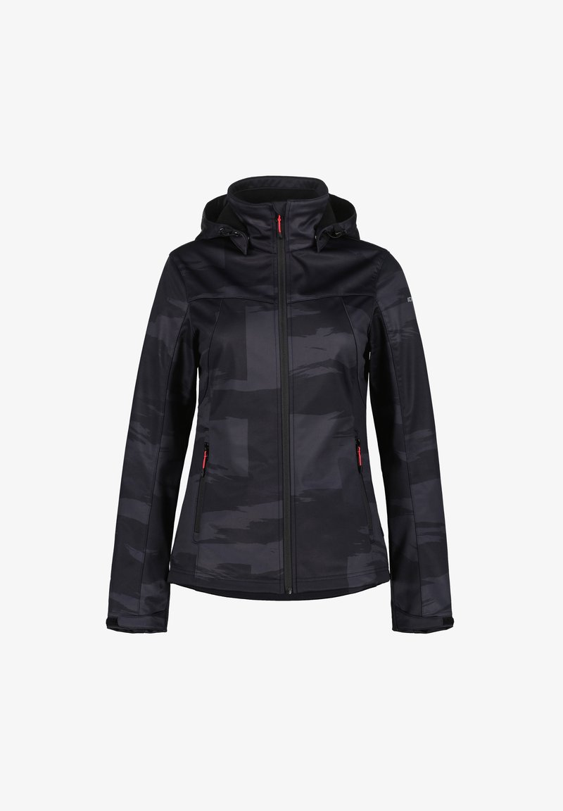 Black jacket with a subtle camouflage pattern, featuring a zip closure, adjustable hood, and red accents on zippers and cuffs.