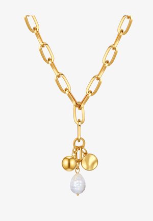 Kuldne kaelakee piklike linkidega, millel on kolm ripatsit: kaks ümmargust kuldkuuli ja üks valgest pisarast pärl.