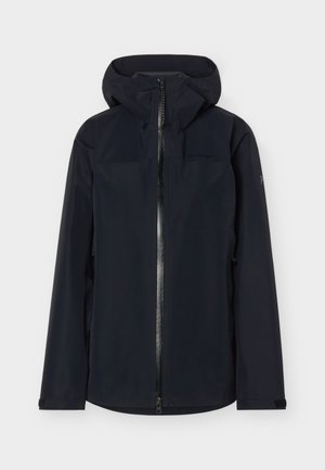 Μαύρο αδιάβροχο μπουφάν με κουκούλα, εμπρός φερμουάρ, μακριά μανίκια και ρυθμιζόμενες λουρίδες στους καρπούς.