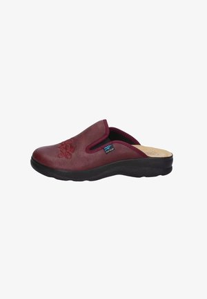 Pantofole slip-on marroni con dettagli ricamati, suola nera e retro aperto, progettate per il comfort interno.