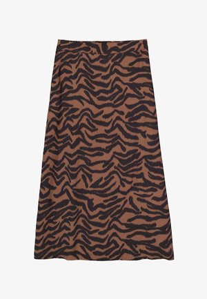 Bruine stoffen rok met een zwart tijgerstrepenpatroon, A-lijn snit en een elastische tailleband voor comfort en gemakkelijke aansluiting.