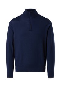 Pullover blu navy con colletto alto e metà cerniera, realizzato in tessuto liscio; presenta maniche lunghe e orlo inferiore elastico.