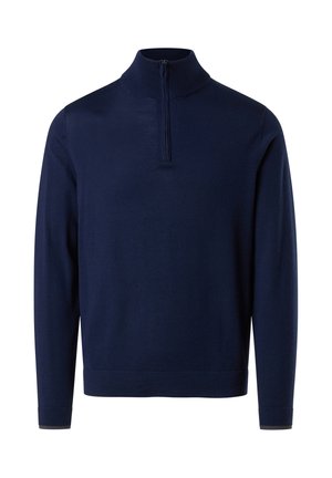 Suéter azul marino con cuello alto y media cremallera, hecho de una tela suave; cuenta con mangas largas y un dobladillo inferior elástico.