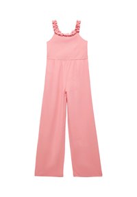 Lyserød jumpsuit med flæser på stropperne, elastisk talje, bred ben-design, lavet af blødt stof, med en glat tekstur og enkel silhuet.