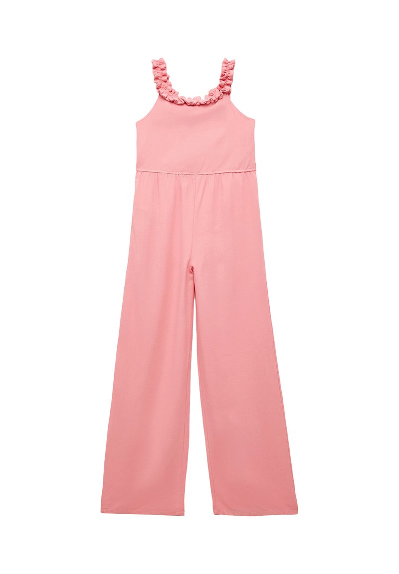Lyserød jumpsuit med flæser på stropperne, elastisk talje, bred ben-design, lavet af blødt stof, med en glat tekstur og enkel silhuet.