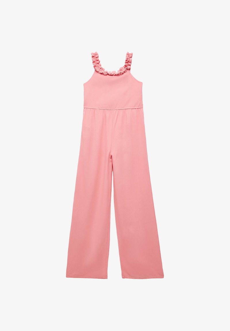 Lyserød jumpsuit med flæser på stropperne, elastisk talje, bred ben-design, lavet af blødt stof, med en glat tekstur og enkel silhuet.