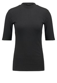 Zwart geribd gebreid T-shirt met korte mouwen en een hoge hals. Heeft een aansluitende pasvorm, een soepele textuur en een ingetogen stijl.