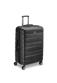 Valigia rigida nera con scanalature orizzontali, manico retrattile, quattro ruote e chiusura con zip. I materiali sembrano durevoli e leggeri.