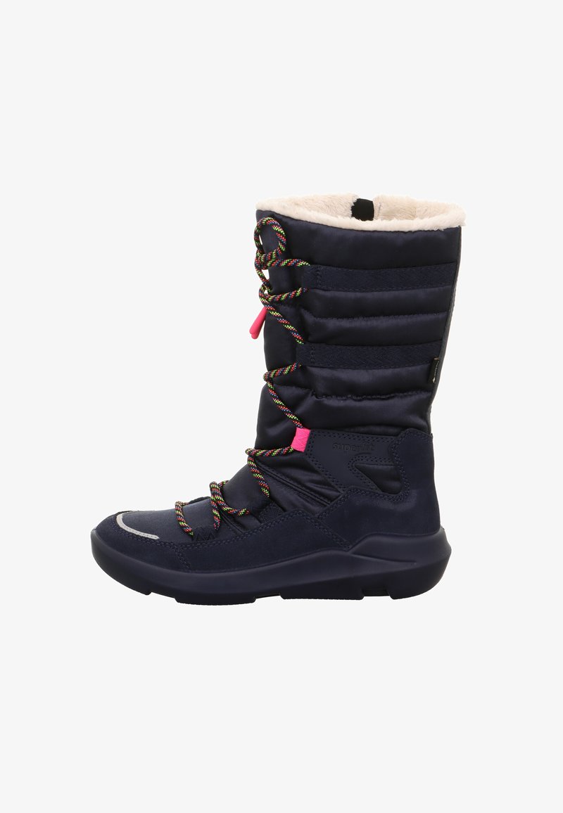 Marineblaue Outdoor-Stiefel mit Kunstfellfutter, mehrfarbigen Schnürsenkeln, gepolstertem Schaft, Gummisohle und Markenetikett an der Seite. Strukturierte Obermaterial.