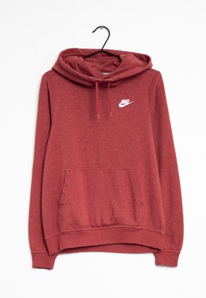Sweat à capuche rouge Nike avec poche avant et capuche à cordon, suspendu à un cintre noir sur fond blanc.