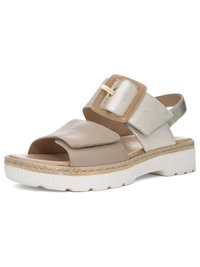 Open-toe beige and metallic sandal with wide straps, large square buckle, cushioned insole, and white textured sole with slight platform.