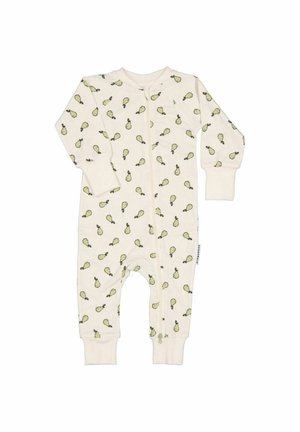 Babydragt i cremefarve med grønne pæremønstre, lange ærmer, ben uden fødder og lynlås foran.