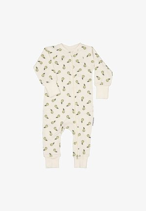Babydragt i cremefarve med grønne pæremønstre, lange ærmer, ben uden fødder og lynlås foran.