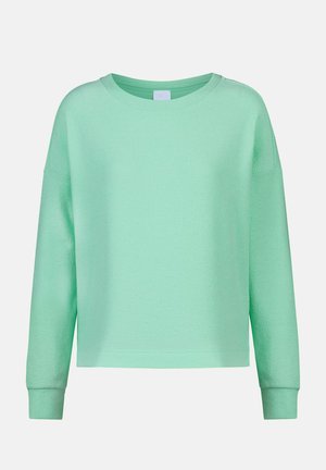 Sweatshirt vert clair à manches longues avec encolure ras du cou, poignets côtelés et coupe décontractée sur un fond uni.