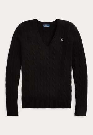 Maglione nero a trecce con scollo a V, maniche lunghe e piccolo logo Polo bianco sul petto.