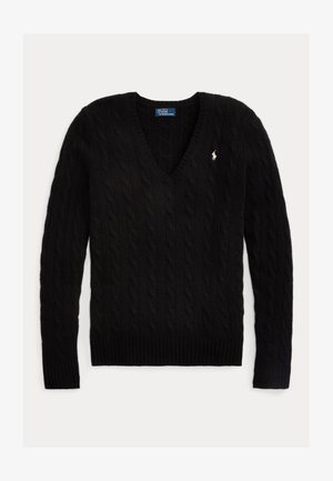 Pull noir à col en V en maille torsadée, manches longues et petit logo Polo blanc sur la poitrine.
