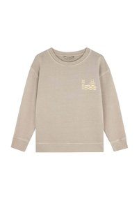 Jasno beżowy sweter z okrągłym dekoltem i długimi rękawami. Posiada małą, kremową grafikę fal i czaszki na klatce piersiowej.