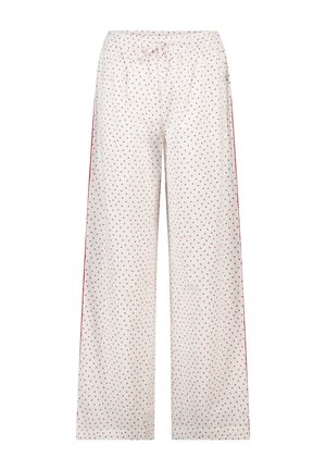 White wide-leg pants with small red heart patterns and a drawstring waist, shown on a plain white background.
