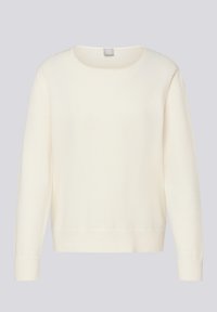 Weißer Pullover aus weichem Material, mit rundem Ausschnitt, langen Ärmeln sowie gerippten Bündchen an Ärmelenden und Saum. Glatte Textur ohne Muster.