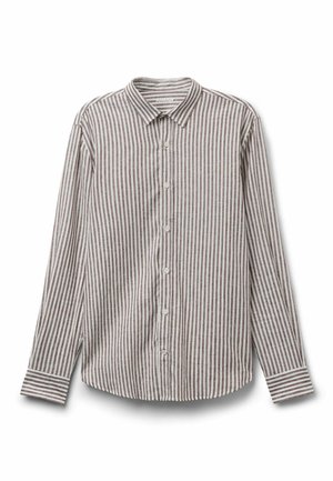 Brązowo-biała koszula w pionowe paski z długimi rękawami, zapinana na guziki, z kołnierzykiem i mankietami na guziki, ułożona na płasko na białym tle.