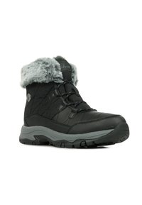 Bottes de cheville isolées noires avec col en fausse fourrure, tissu matelassé et semelle en caoutchouc. Présente des accents gris et un design à lacets pour un ajustement sécurisé.