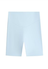 Short de sport taille haute bleu clair avec un design lisse, sans coutures et une longueur mi-cuisse.