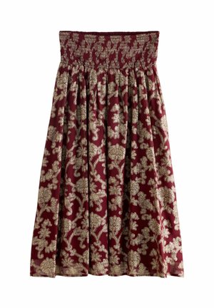Fustă midi cu un elastic lat la talie, dintr-un material bordeaux, cu un model damasc floral auriu complex.