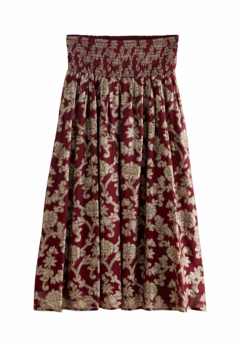 Falda midi con una amplia cintura fruncida, fabricada en un tejido burdeos, y un intrincado patrón de damasco floral dorado.