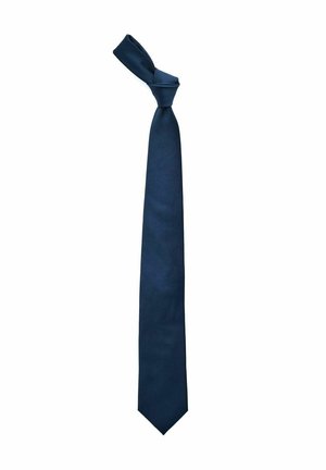 Mørkeblå silkebind med en struktureret overflade, featuring et simpelt knude i toppen og en spids spids, der understreger et slankt, klassisk design.