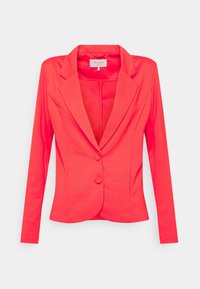 Blazer rojo ajustado con solapa muesca, mangas largas y dos botones frontales. Hecho de una tela suave con una silueta estructurada.