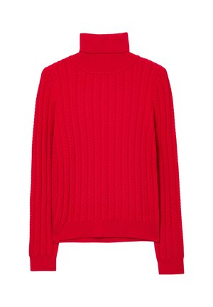 Pull en maille rouge avec un col roulé, présentant un motif côtelé texturé, des manches longues et une silhouette ajustée. Tissu doux et extensible.