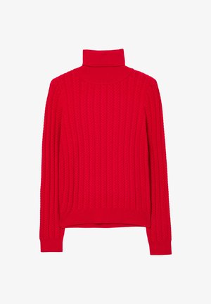 Maglione a collo alto rosso lavorato a maglia con un motivo a coste testurizzato, maniche lunghe e silhouette aderente. Tessuto morbido e elastico.