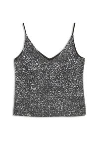 Čierny saténový tielko s výstrihom do tvaru V, pokryté striebornými flitrami, s tenkými ramienkami a priliehavým strihom.