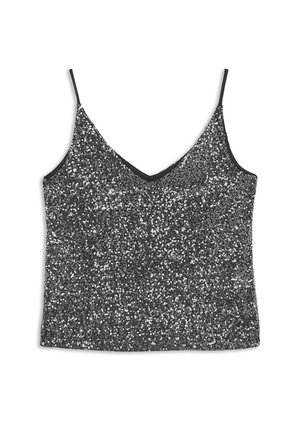 Crna satenasta majica s V-izrezom, prekrivena srebrnim šljokicama, sa tankim trakicama i uskim dizajnom.