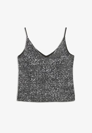 Black satin camisole with a V-neckline, covered in silver sequins, featuring thin spaghetti straps and a fitted design.