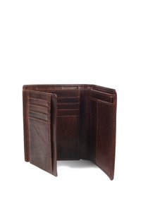 Brown leather wallet with a textured surface, featuring multiple card slots and compartments, and a bifold design.