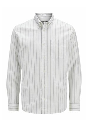 Balta garām piedurknēm krekls ar gaismas pelēkām vertikālām svītrām, ar pogām aizpogājamu apkakli un krūšu kabatu. Mīksta auduma ar gludu tekstūru.