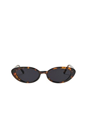 Oval sunglasses with dark lenses and a glossy tortoiseshell patterned frame.
