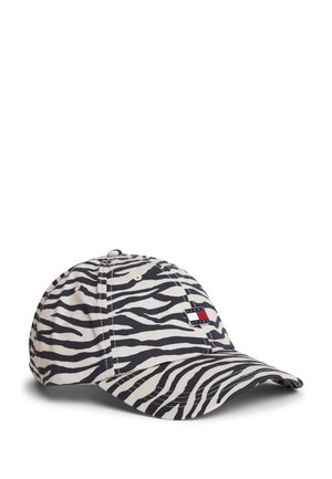 Baseballkasket med sorte og hvide zebra-striber og et lille rektangulært logo-mærke på frontpanelet.