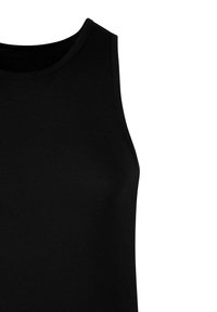 Černý top bez rukávů s kulatým výstřihem, vyrobený z hladké tkaniny. Nemá žádné viditelné vzory ani ozdoby, nabízí minimalistický design.