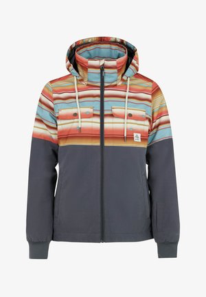 Veste à capuche avec un motif rayé multicolore sur la moitié supérieure, partie inférieure gris foncé, deux poches poitrine et fermeture éclair avant.