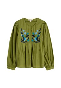 Zelená bavlněná blůza s dlouhými nabíranými rukávy. Obsahuje vyšívané květinové vzory v modré a černé na hrudi a skládání.