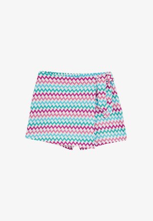 Costumi da bagno colorati con un motivo a zigzag in rosa, turchese e bianco, dotati di un dettaglio con laccetto laterale e una texture di tessuto morbido.