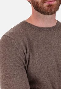 Pull en laine marron avec col rond, poignets côtelés et finition douce et texturée. Coutures visibles au niveau du col et des épaules.