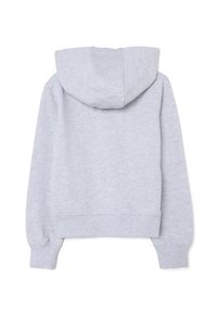 Grijze hoodie met een zachte textuur, voorzien van een ronde capuchon, geribde manchetten en een cropped ontwerp. Achteraanzicht, geen zichtbare logo's of patronen.