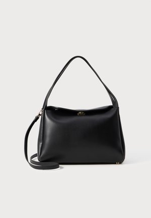 Black leather handbag with a structured, soft design, featuring a top handle and detachable shoulder strap. Gold hardware accent.